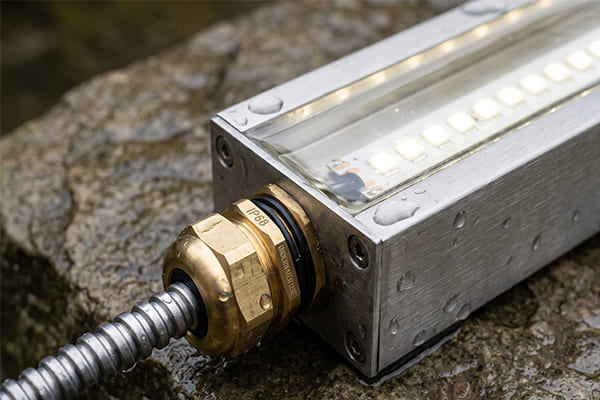 A close-up of an IP68-rated LED linear light fixture